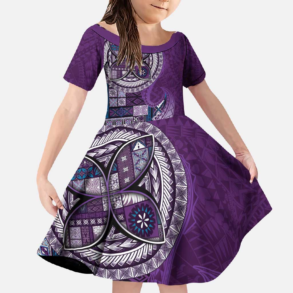 Samoan Siapo Art Tattoo Polynesian Pattern Family Matching Off Shoulder Maxi Dress and Hawaiian Shirt Purple Color - Polynesian Pride