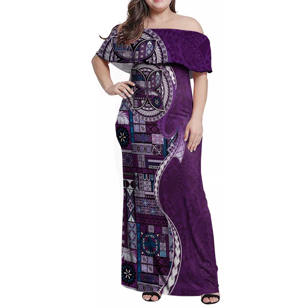 Samoan Siapo Art Tattoo Polynesian Pattern Family Matching Off Shoulder Maxi Dress and Hawaiian Shirt Purple Color - Polynesian Pride