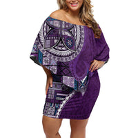 Samoan Siapo Art Tattoo Polynesian Pattern Family Matching Off Shoulder Short Dress and Hawaiian Shirt Purple Color - Polynesian Pride