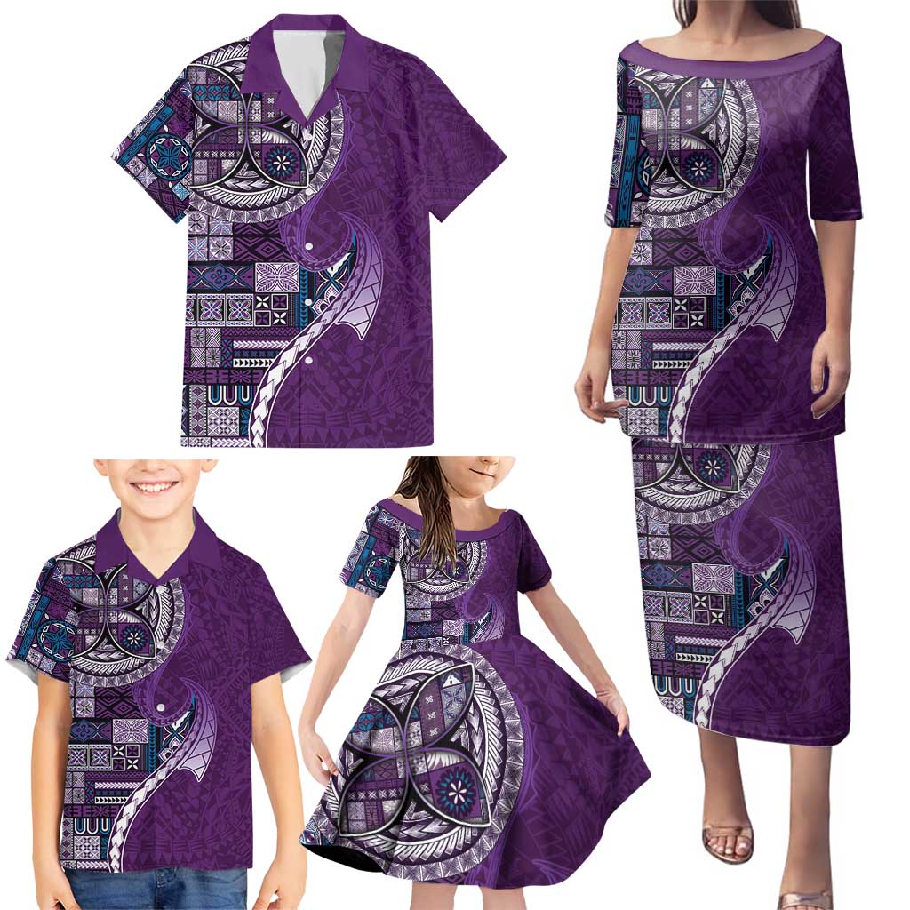 Samoan Siapo Art Tattoo Polynesian Pattern Family Matching Puletasi and Hawaiian Shirt Purple Color - Polynesian Pride
