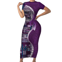 Samoan Siapo Art Tattoo Polynesian Pattern Family Matching Short Sleeve Bodycon Dress and Hawaiian Shirt Purple Color - Polynesian Pride