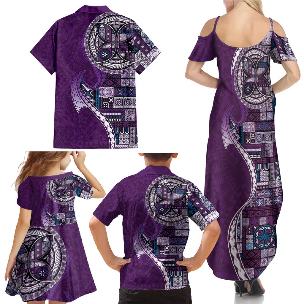 Samoan Siapo Art Tattoo Polynesian Pattern Family Matching Summer Maxi Dress and Hawaiian Shirt Purple Color - Polynesian Pride