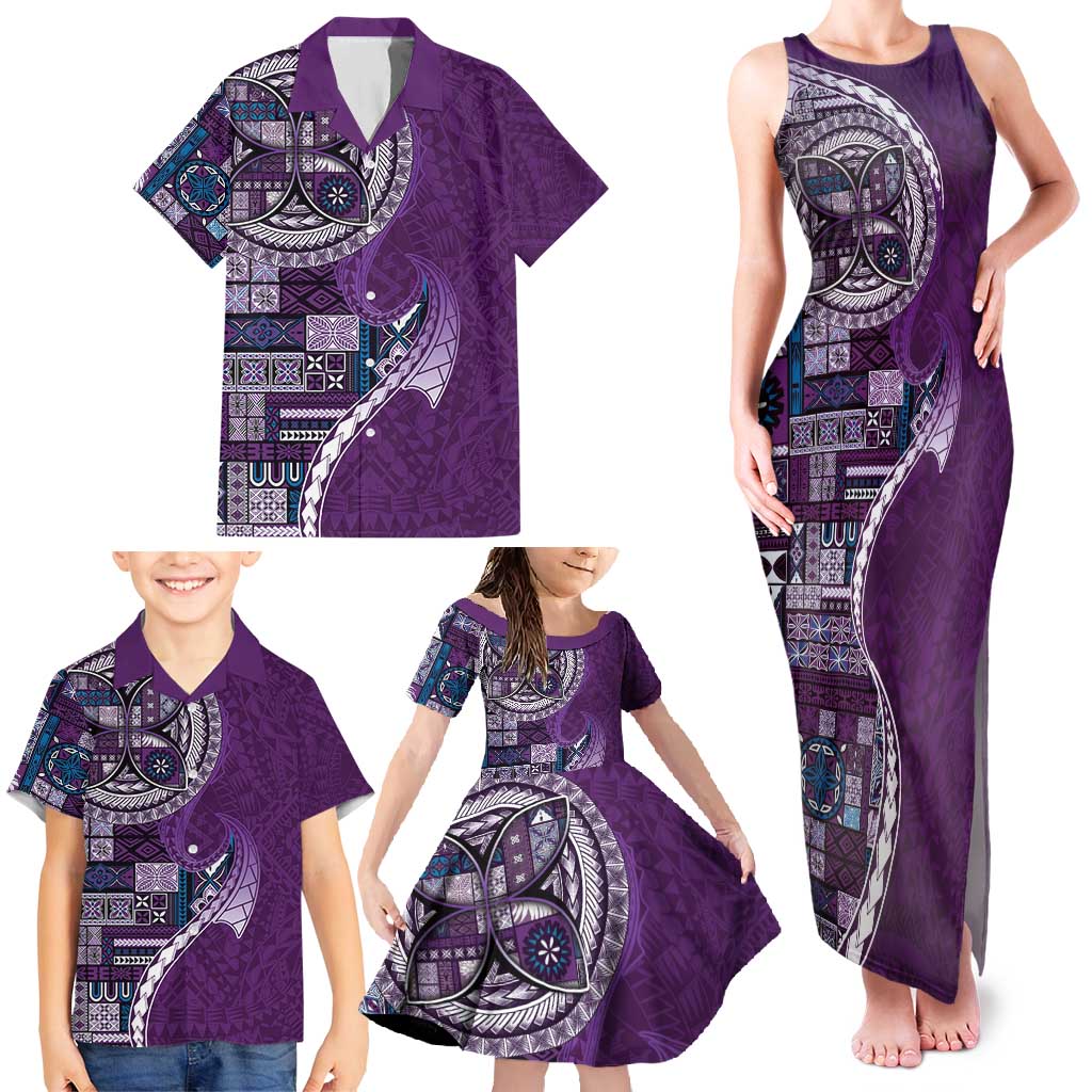 Samoan Siapo Art Tattoo Polynesian Pattern Family Matching Tank Maxi Dress and Hawaiian Shirt Purple Color - Polynesian Pride