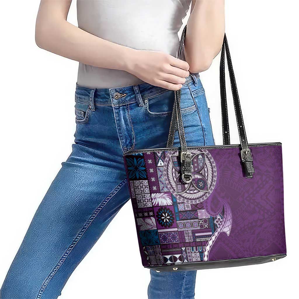 Samoan Siapo Art Tattoo Polynesian Pattern Leather Tote Bag Purple Color - Polynesian Pride
