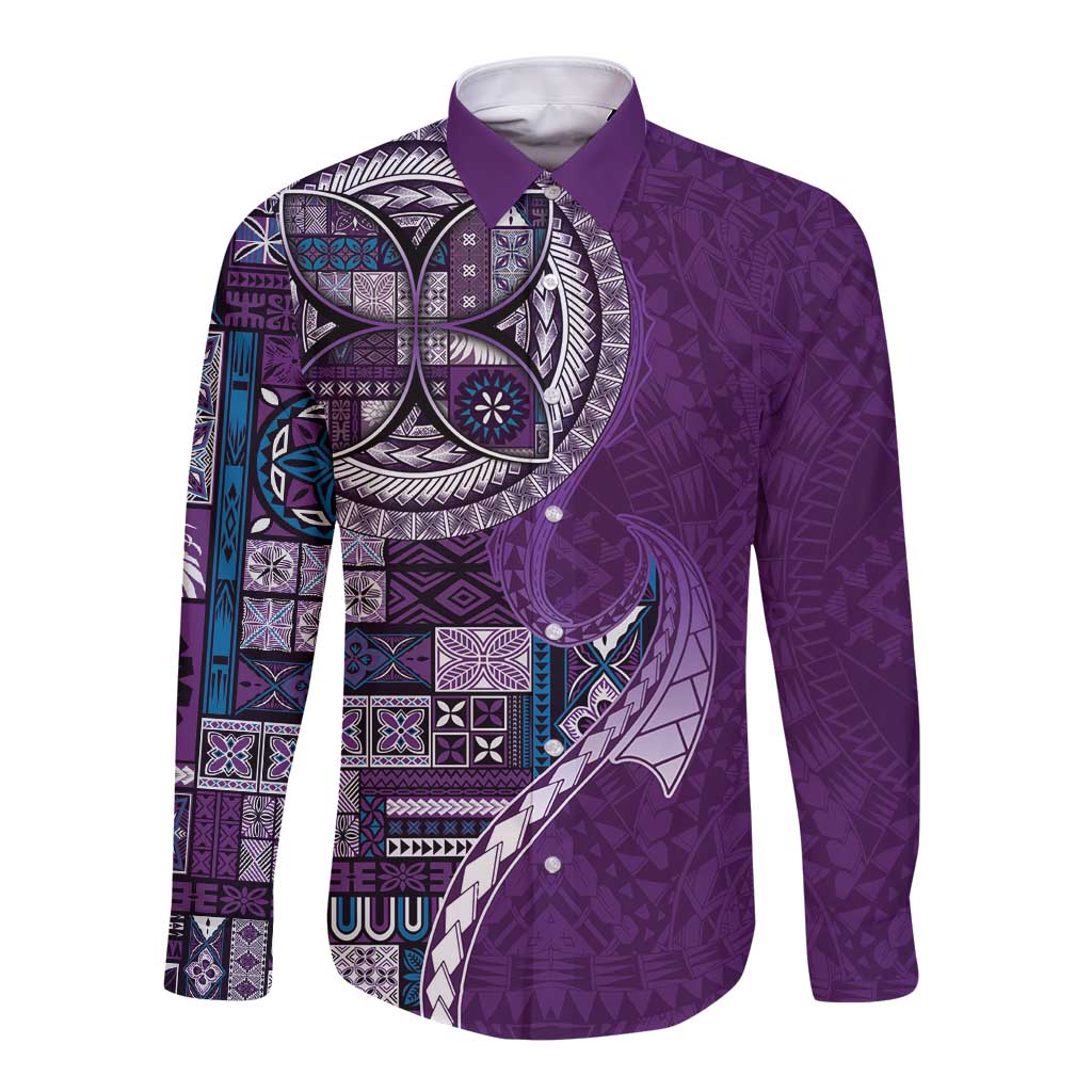 Samoan Siapo Art Tattoo Polynesian Pattern Long Sleeve Button Shirt Purple Color - Polynesian Pride