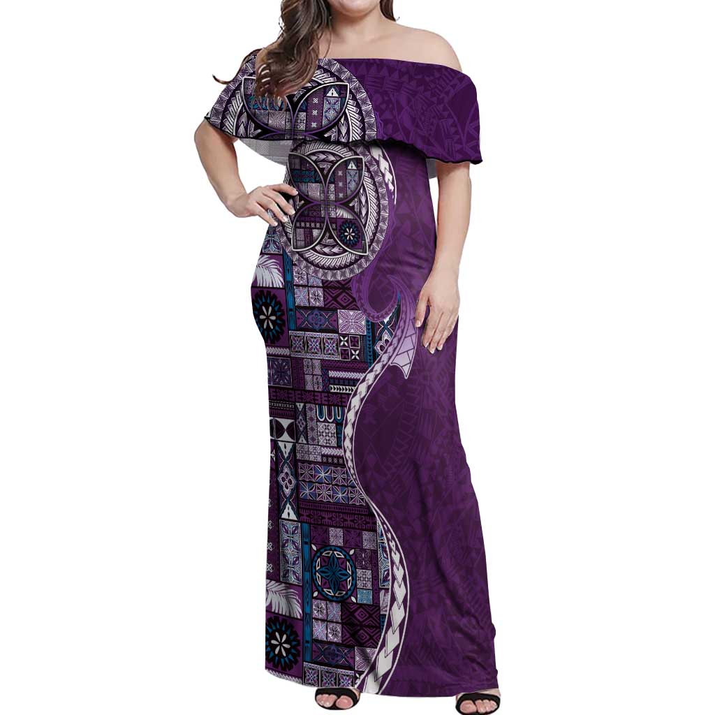 Samoan Siapo Art Tattoo Polynesian Pattern Off Shoulder Maxi Dress Purple Color - Polynesian Pride