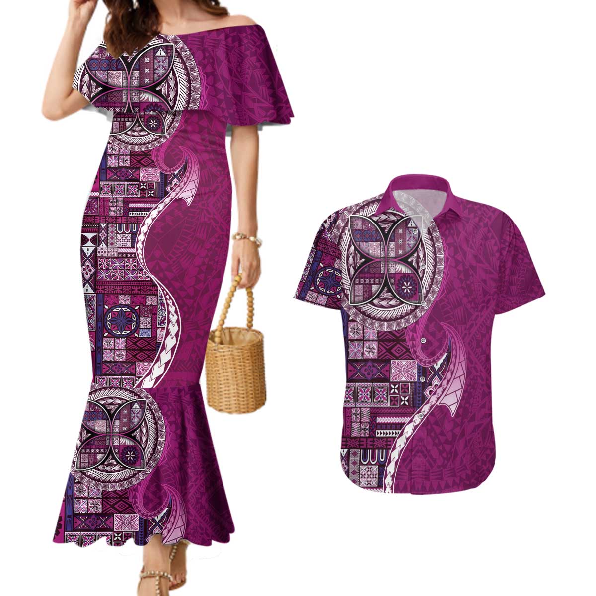 Samoan Siapo Art Tattoo Polynesian Pattern Couples Matching Mermaid Dress and Hawaiian Shirt Pink Color - Polynesian Pride