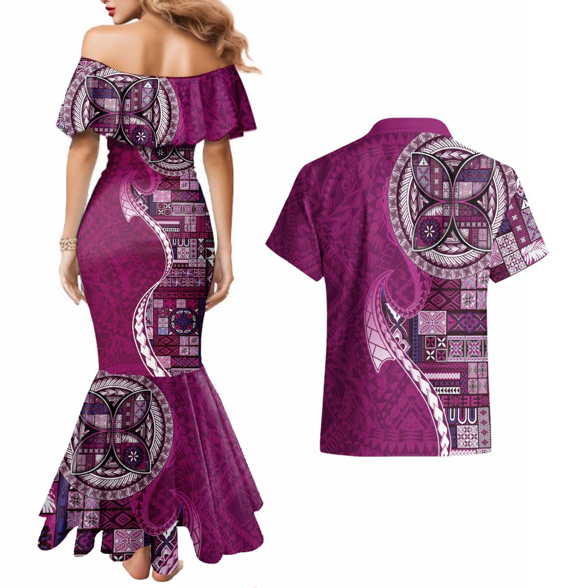 Samoan Siapo Art Tattoo Polynesian Pattern Couples Matching Mermaid Dress and Hawaiian Shirt Pink Color - Polynesian Pride