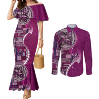 Samoan Siapo Art Tattoo Polynesian Pattern Couples Matching Mermaid Dress and Long Sleeve Button Shirt Pink Color - Polynesian Pride