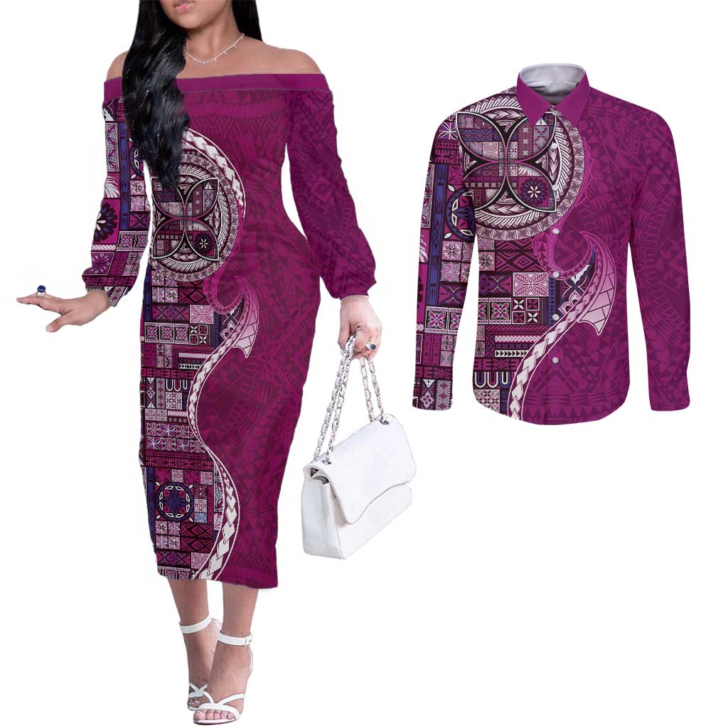 Samoan Siapo Art Tattoo Polynesian Pattern Couples Matching Off The Shoulder Long Sleeve Dress and Long Sleeve Button Shirt Pink Color - Polynesian Pride