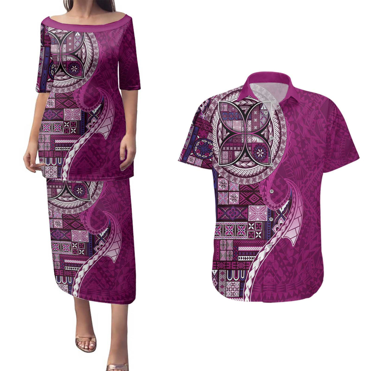 Samoan Siapo Art Tattoo Polynesian Pattern Couples Matching Puletasi and Hawaiian Shirt Pink Color - Polynesian Pride