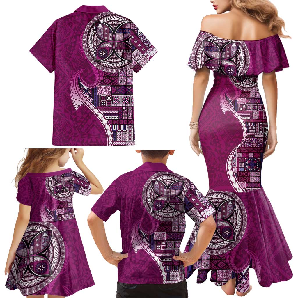 Samoan Siapo Art Tattoo Polynesian Pattern Family Matching Mermaid Dress and Hawaiian Shirt Pink Color - Polynesian Pride