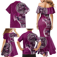 Samoan Siapo Art Tattoo Polynesian Pattern Family Matching Mermaid Dress and Hawaiian Shirt Pink Color - Polynesian Pride