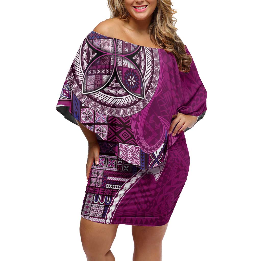 Samoan Siapo Art Tattoo Polynesian Pattern Family Matching Off Shoulder Short Dress and Hawaiian Shirt Pink Color - Polynesian Pride