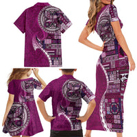 Samoan Siapo Art Tattoo Polynesian Pattern Family Matching Short Sleeve Bodycon Dress and Hawaiian Shirt Pink Color - Polynesian Pride