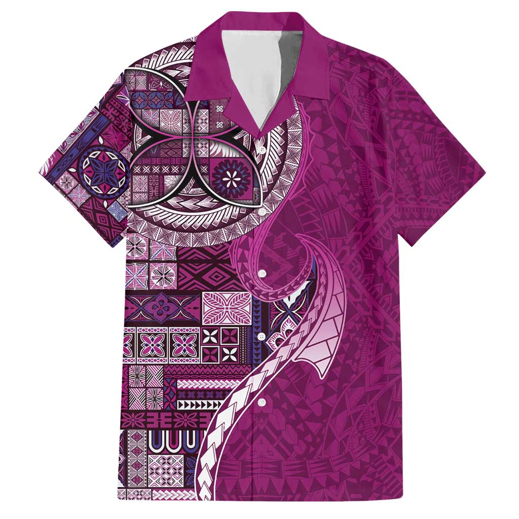 Samoan Siapo Art Tattoo Polynesian Pattern Family Matching Short Sleeve Bodycon Dress and Hawaiian Shirt Pink Color - Polynesian Pride
