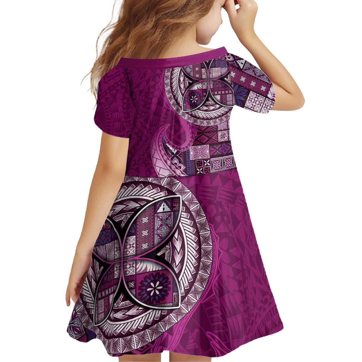 Samoan Siapo Art Tattoo Polynesian Pattern Kid Short Sleeve Dress Pink Color - Polynesian Pride