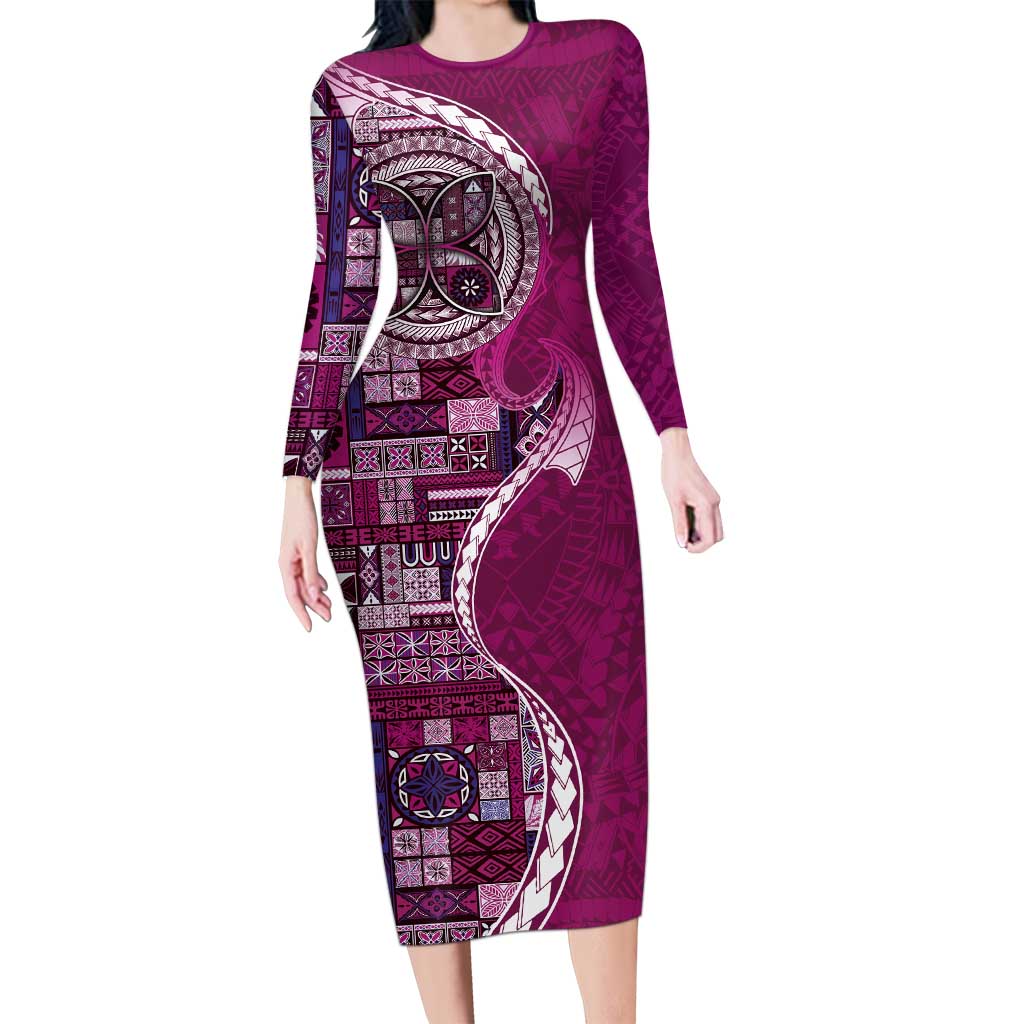 Samoan Siapo Art Tattoo Polynesian Pattern Long Sleeve Bodycon Dress Pink Color - Polynesian Pride