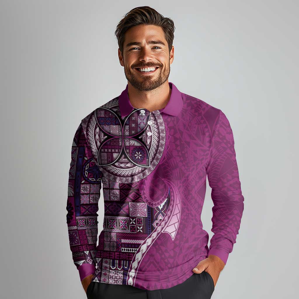 Samoan Siapo Art Tattoo Polynesian Pattern Long Sleeve Polo Shirt Pink Color - Polynesian Pride