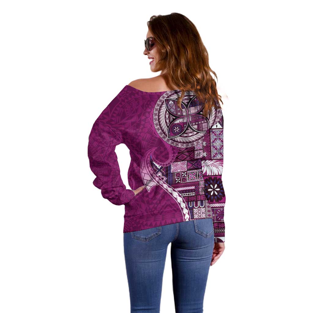 Samoan Siapo Art Tattoo Polynesian Pattern Off Shoulder Sweater Pink Color - Polynesian Pride