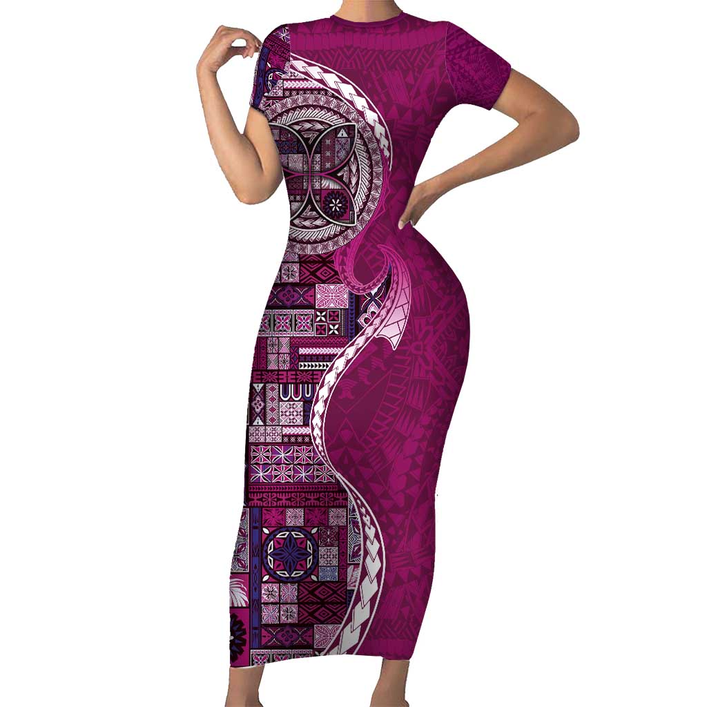 Samoan Siapo Art Tattoo Polynesian Pattern Short Sleeve Bodycon Dress Pink Color - Polynesian Pride