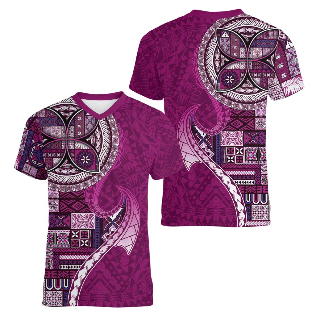 Samoan Siapo Art Tattoo Polynesian Pattern Women V-Neck T-Shirt Pink Color - Polynesian Pride