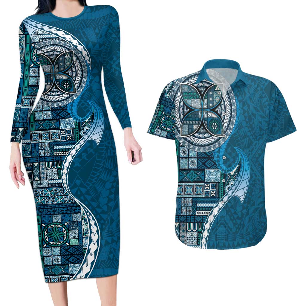 Samoan Siapo Art Tattoo Polynesian Pattern Couples Matching Long Sleeve Bodycon Dress and Hawaiian Shirt Teal Color - Polynesian Pride