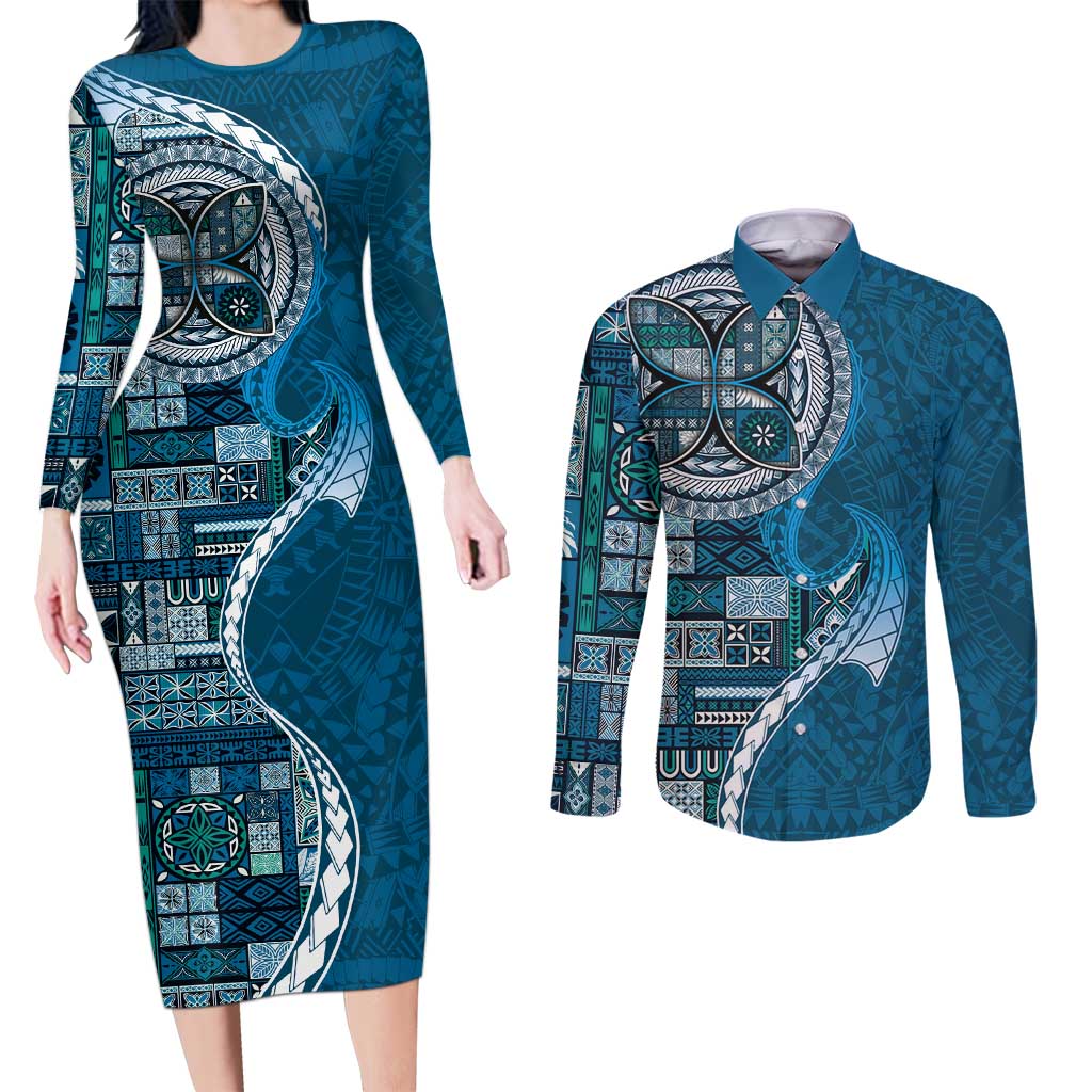Samoan Siapo Art Tattoo Polynesian Pattern Couples Matching Long Sleeve Bodycon Dress and Long Sleeve Button Shirt Teal Color - Polynesian Pride