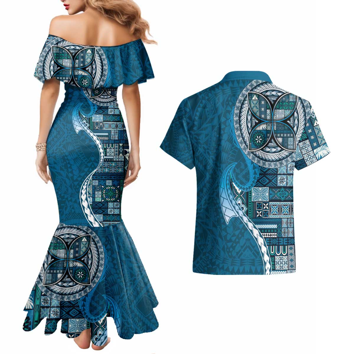 Samoan Siapo Art Tattoo Polynesian Pattern Couples Matching Mermaid Dress and Hawaiian Shirt Teal Color - Polynesian Pride