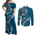 Samoan Siapo Art Tattoo Polynesian Pattern Couples Matching Off Shoulder Maxi Dress and Long Sleeve Button Shirt Teal Color - Polynesian Pride