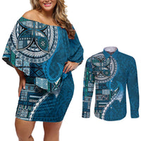 Samoan Siapo Art Tattoo Polynesian Pattern Couples Matching Off Shoulder Short Dress and Long Sleeve Button Shirt Teal Color - Polynesian Pride