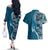 Samoan Siapo Art Tattoo Polynesian Pattern Couples Matching Off The Shoulder Long Sleeve Dress and Hawaiian Shirt Teal Color - Polynesian Pride