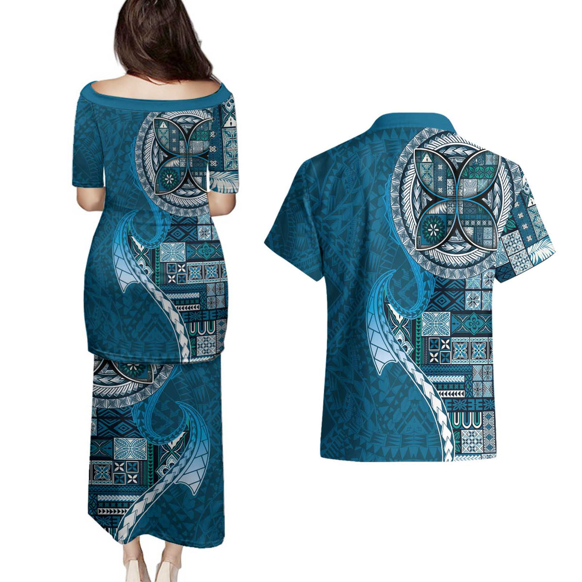 Samoan Siapo Art Tattoo Polynesian Pattern Couples Matching Puletasi and Hawaiian Shirt Teal Color - Polynesian Pride