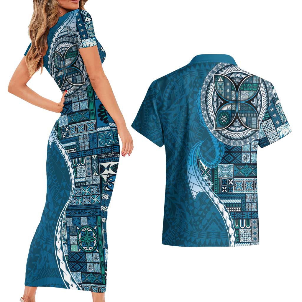 Samoan Siapo Art Tattoo Polynesian Pattern Couples Matching Short Sleeve Bodycon Dress and Hawaiian Shirt Teal Color - Polynesian Pride