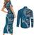 Samoan Siapo Art Tattoo Polynesian Pattern Couples Matching Short Sleeve Bodycon Dress and Long Sleeve Button Shirt Teal Color - Polynesian Pride