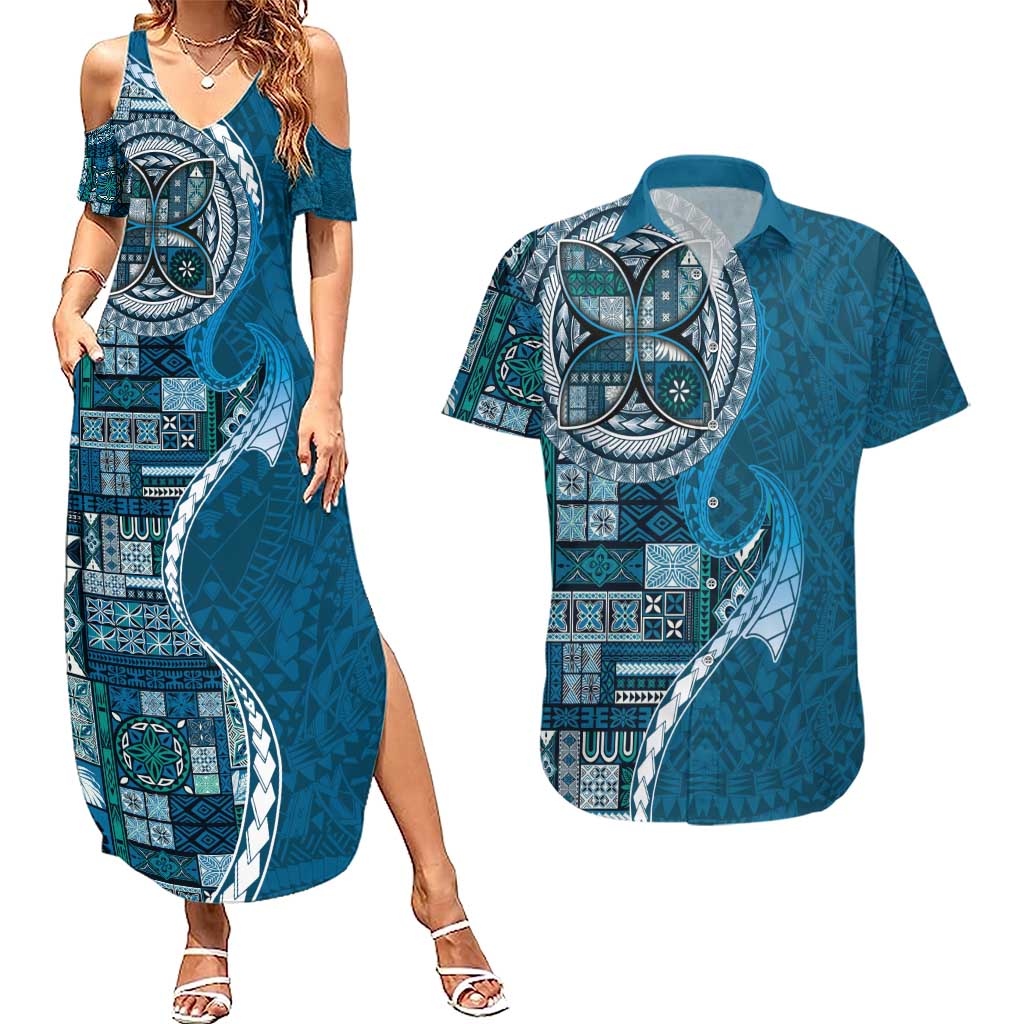 Samoan Siapo Art Tattoo Polynesian Pattern Couples Matching Summer Maxi Dress and Hawaiian Shirt Teal Color - Polynesian Pride
