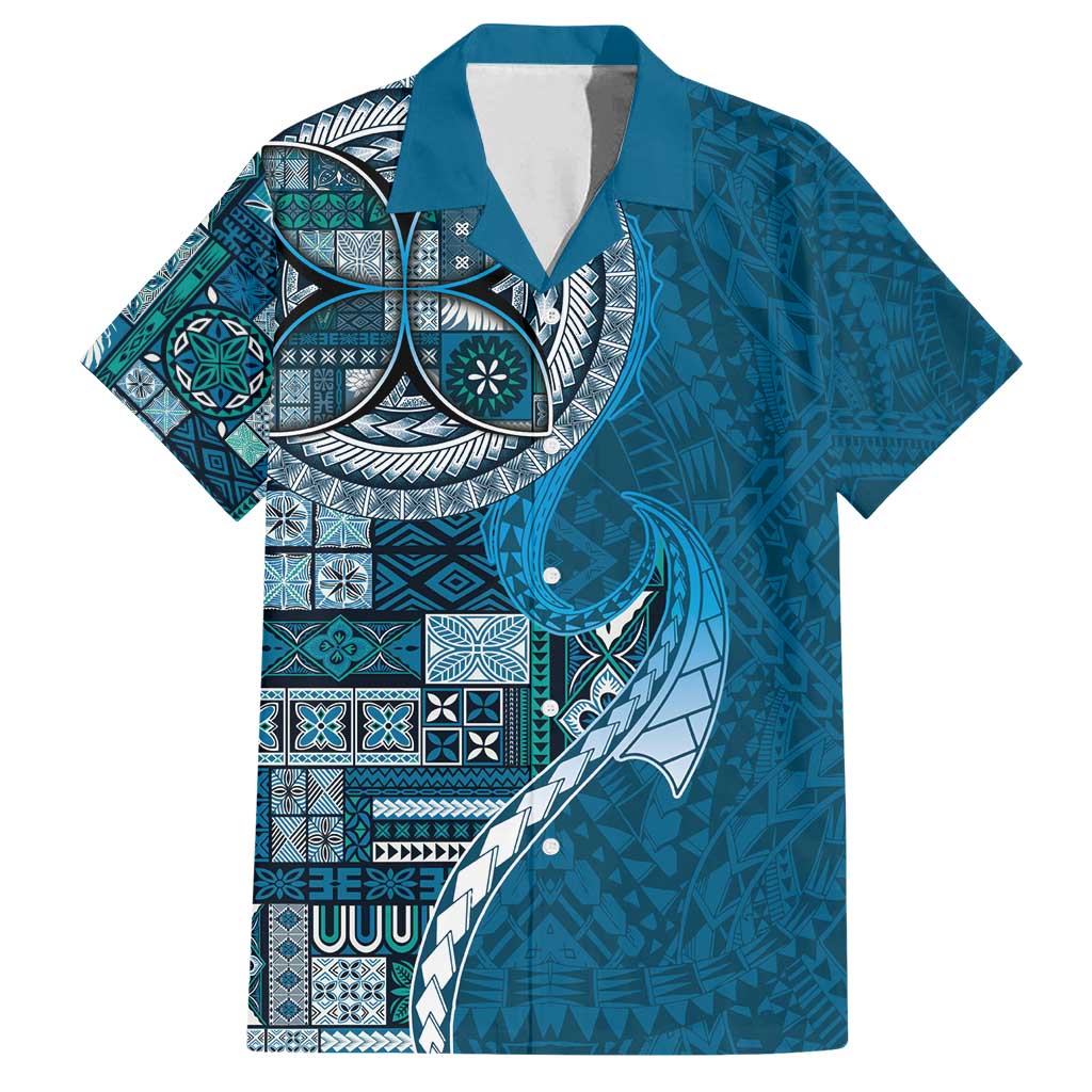 Samoan Siapo Art Tattoo Polynesian Pattern Family Matching Off Shoulder Maxi Dress and Hawaiian Shirt Teal Color - Polynesian Pride