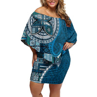 Samoan Siapo Art Tattoo Polynesian Pattern Family Matching Off Shoulder Short Dress and Hawaiian Shirt Teal Color - Polynesian Pride