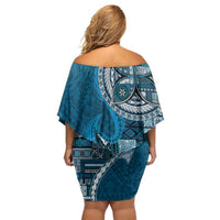 Samoan Siapo Art Tattoo Polynesian Pattern Family Matching Off Shoulder Short Dress and Hawaiian Shirt Teal Color - Polynesian Pride