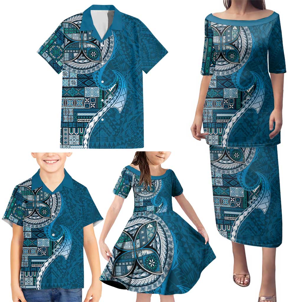 Samoan Siapo Art Tattoo Polynesian Pattern Family Matching Puletasi and Hawaiian Shirt Teal Color - Polynesian Pride