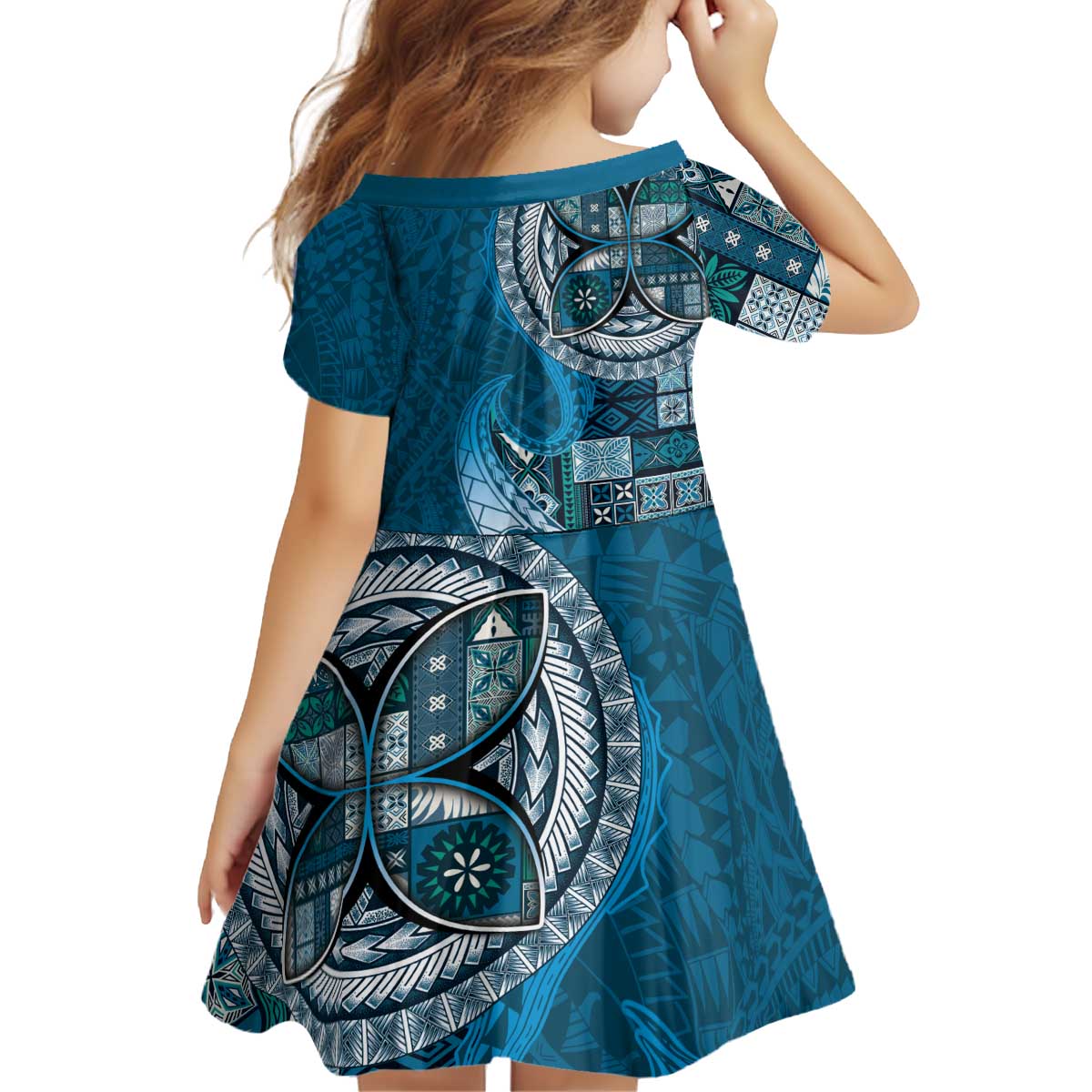 Samoan Siapo Art Tattoo Polynesian Pattern Kid Short Sleeve Dress Teal Color - Polynesian Pride