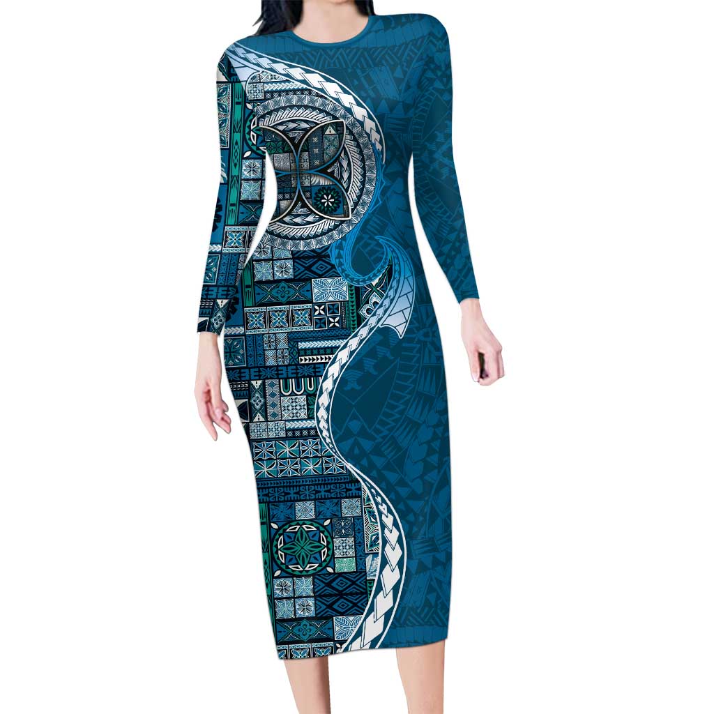 Samoan Siapo Art Tattoo Polynesian Pattern Long Sleeve Bodycon Dress Teal Color - Polynesian Pride