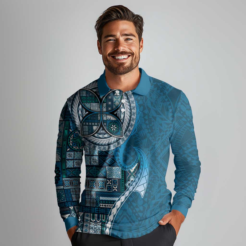 Samoan Siapo Art Tattoo Polynesian Pattern Long Sleeve Polo Shirt Teal Color - Polynesian Pride