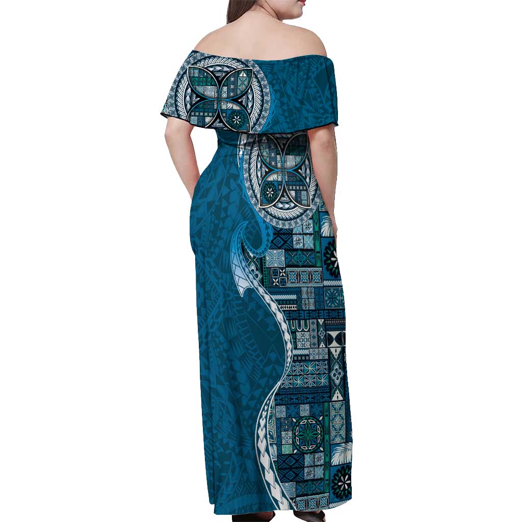Samoan Siapo Art Tattoo Polynesian Pattern Off Shoulder Maxi Dress Teal Color - Polynesian Pride