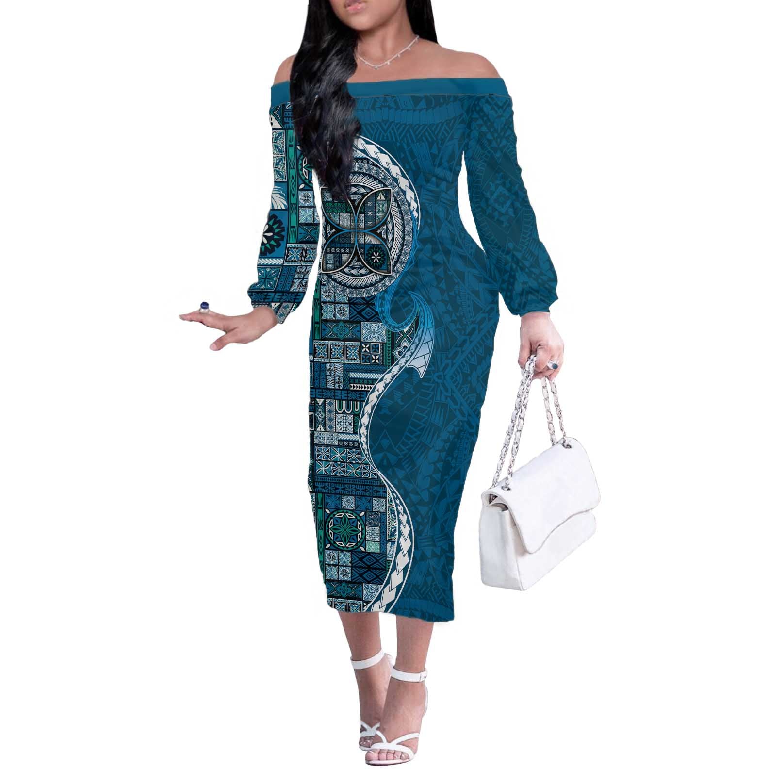Samoan Siapo Art Tattoo Polynesian Pattern Off The Shoulder Long Sleeve Dress Teal Color - Polynesian Pride