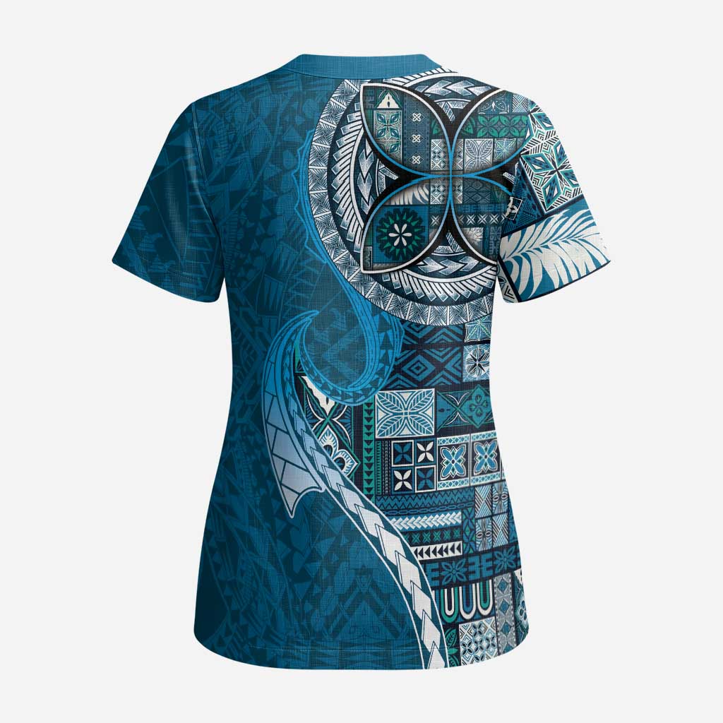 Samoan Siapo Art Tattoo Polynesian Pattern Scrub Top Teal Color - Polynesian Pride