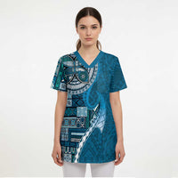 Samoan Siapo Art Tattoo Polynesian Pattern Scrub Top Teal Color - Polynesian Pride