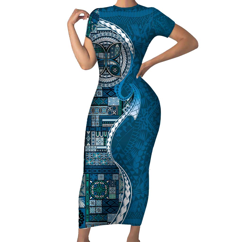 Samoan Siapo Art Tattoo Polynesian Pattern Short Sleeve Bodycon Dress Teal Color - Polynesian Pride