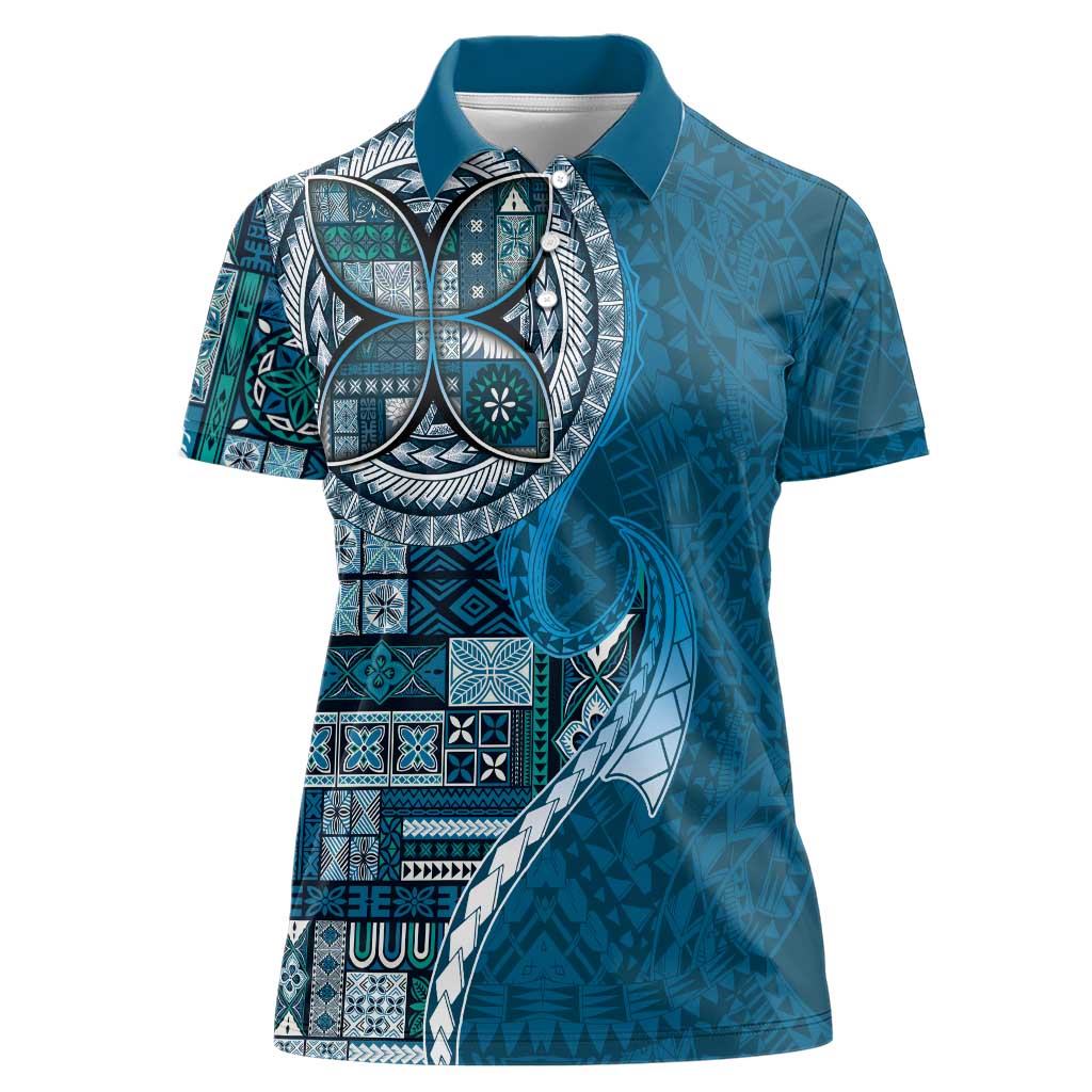 Samoan Siapo Art Tattoo Polynesian Pattern Women Polo Shirt Teal Color - Polynesian Pride
