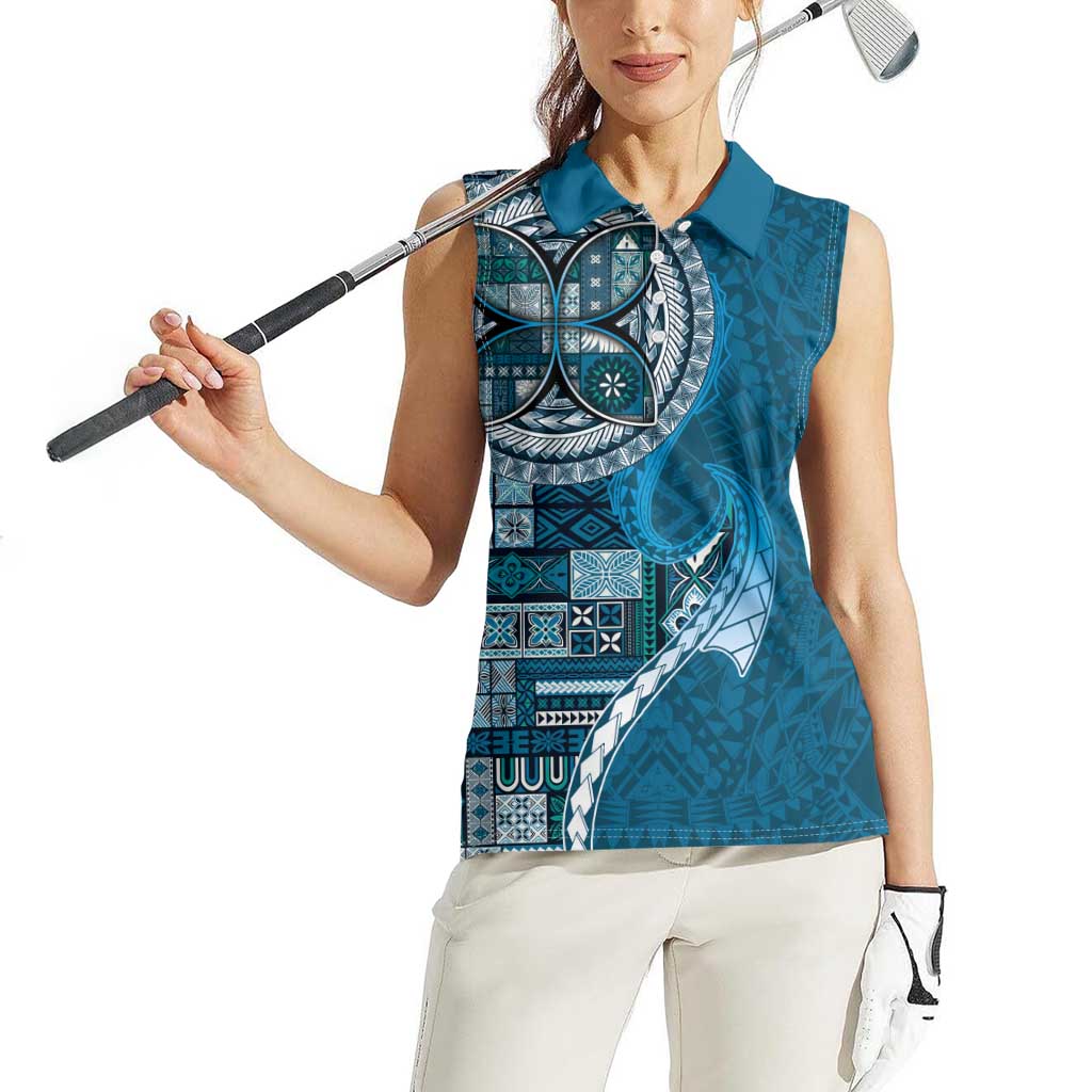 Samoan Siapo Art Tattoo Polynesian Pattern Women Sleeveless Polo Shirt Teal Color - Polynesian Pride